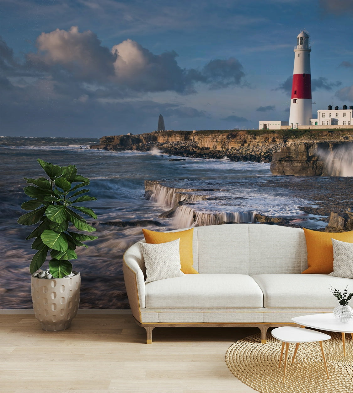 Red and white Portland Bill lighthouse mural for a nautical room vibe.

