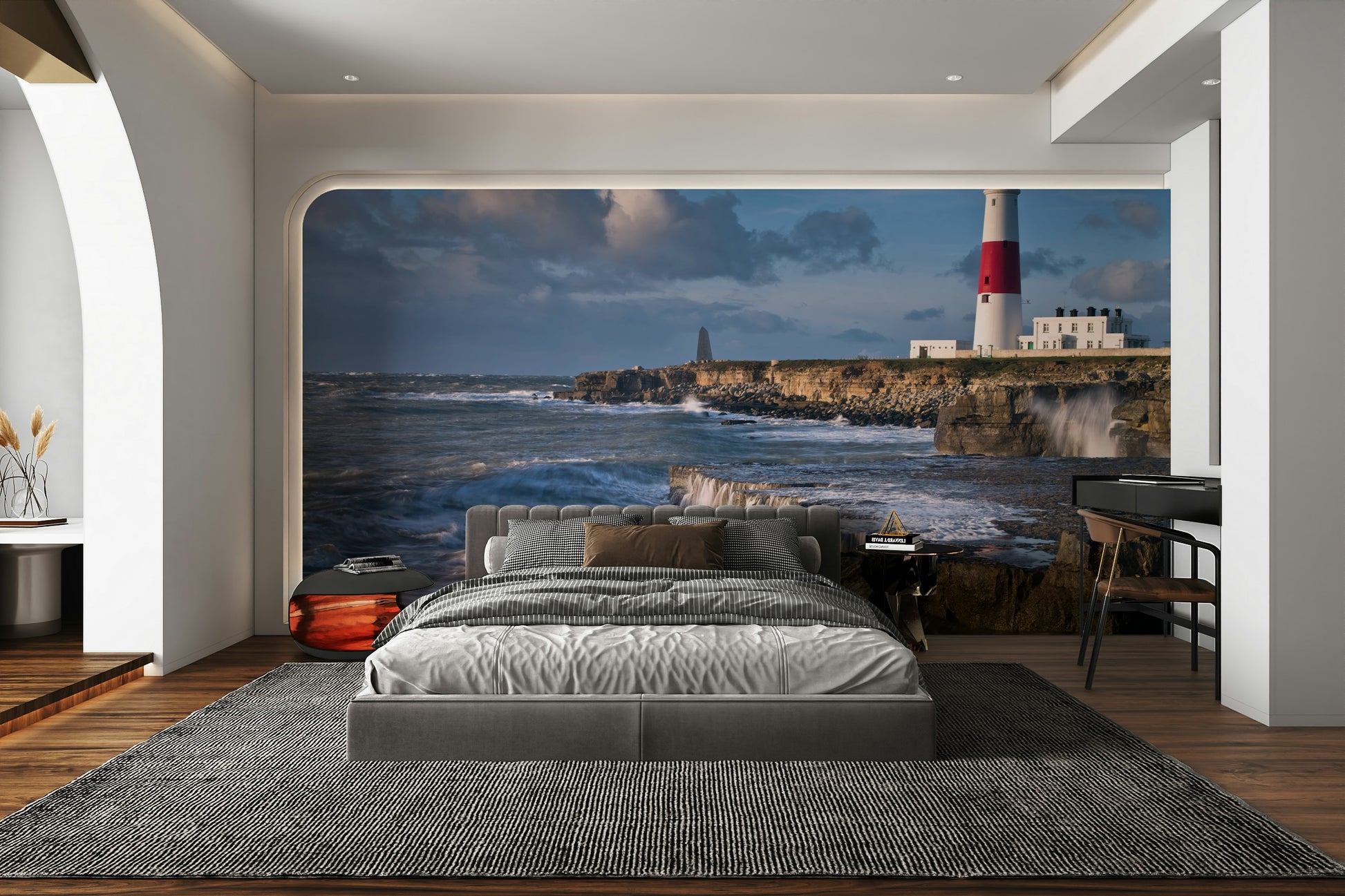 Portland Bill lighthouse wallpaper with dramatic ocean waves.

