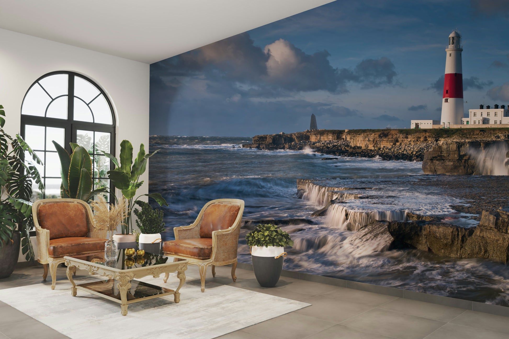 Coastal scene mural featuring Portland Bill lighthouse and waves.

