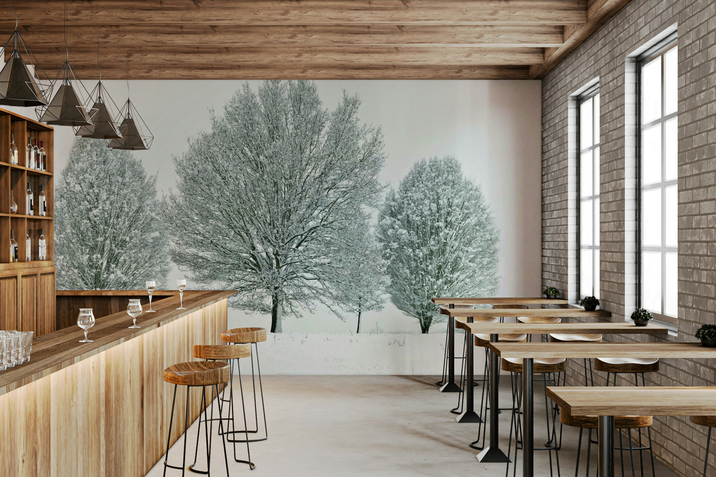 Frosty trees in a winter landscape mural bringing peace indoors.

