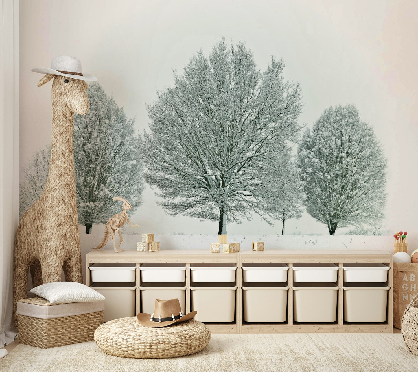 Snow-covered trees and soft landscape mural for a calming atmosphere.

