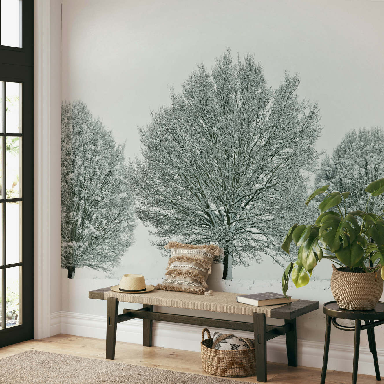 Frosty Trees Wall Mural with snow-covered branches and soft landscape.

