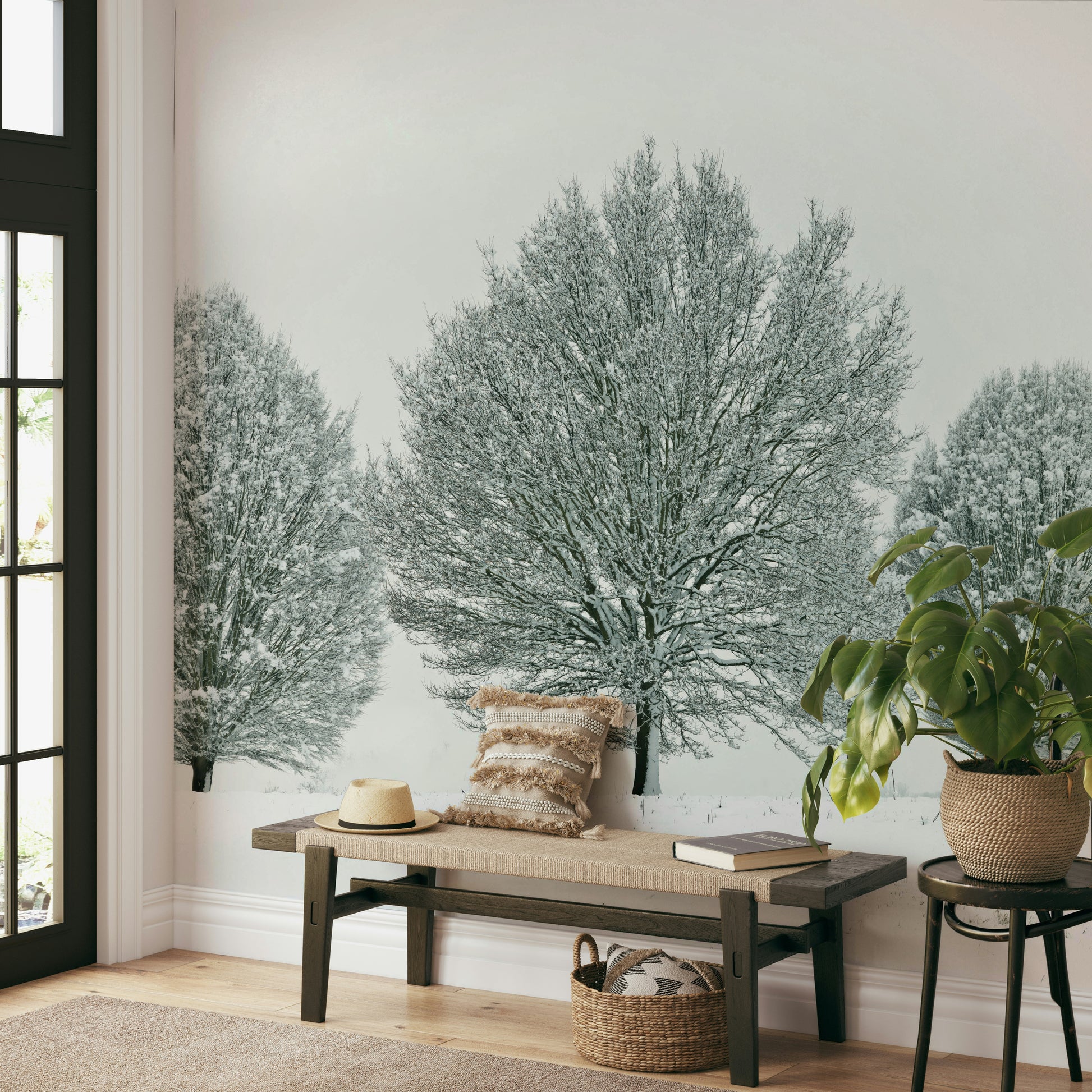 Frosty Trees Wall Mural with snow-covered branches and soft landscape.

