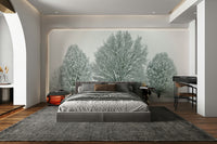 Snowy tree scene captured in a winter wonderland wall mural.

