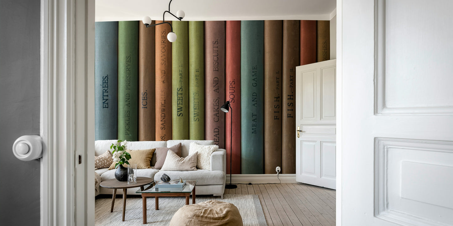 Literary-themed wall mural with colorful vintage book spines.

