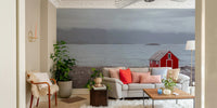 Coastal cabin and mountain mural wallpaper for a calming room vibe.

