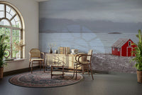Coastal landscape mural featuring a lone cabin and serene waters.

