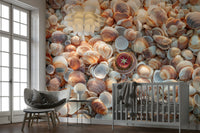 Soft beach sand and seashell wall mural for a tranquil room.

