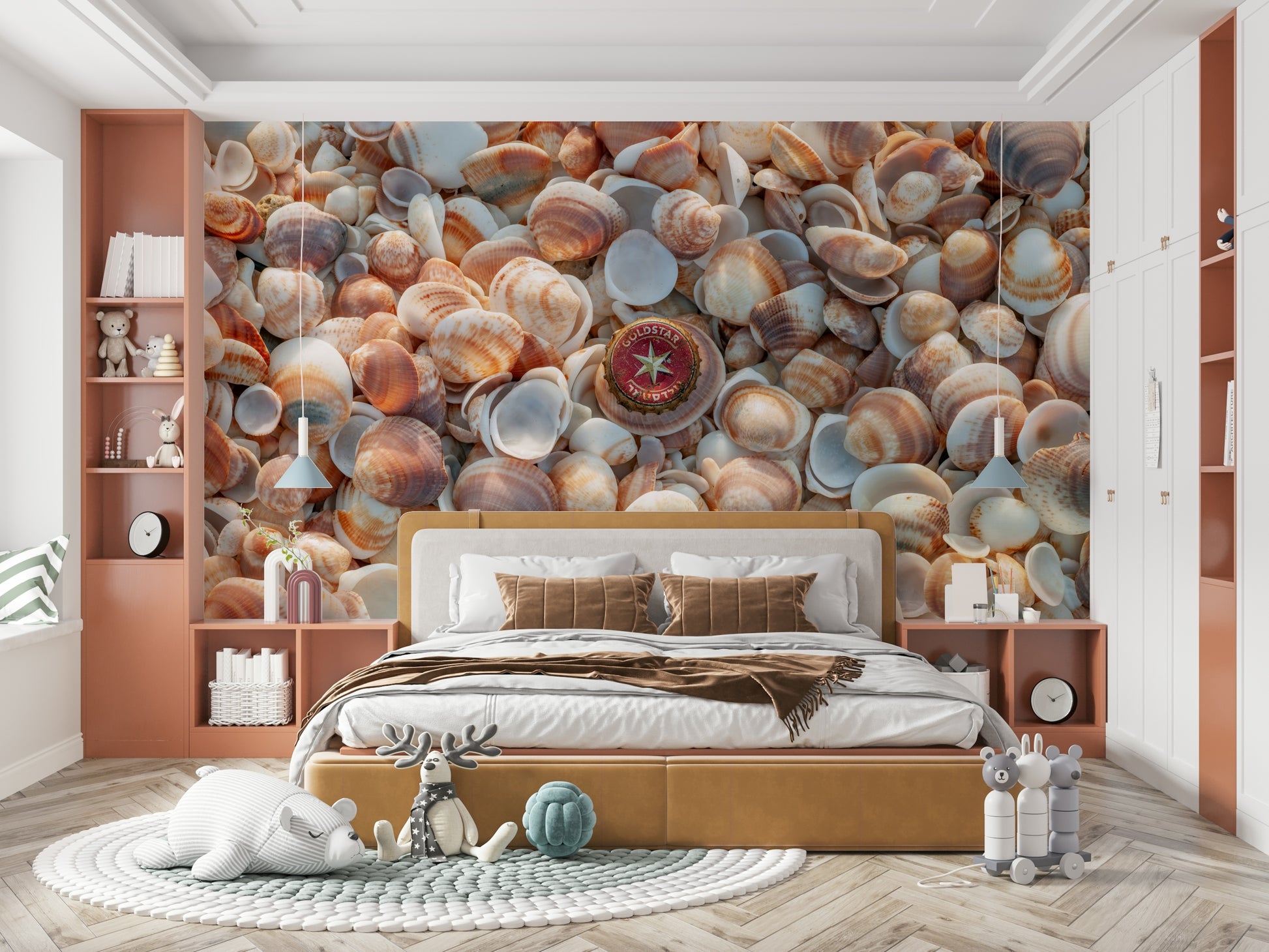Relaxing beach treasures wall mural for coastal-themed rooms.

