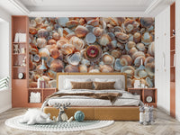 Relaxing beach treasures wall mural for coastal-themed rooms.

