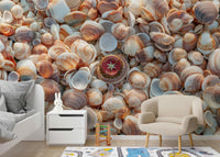 Beach-inspired wall mural with seashells and coastal treasures.

