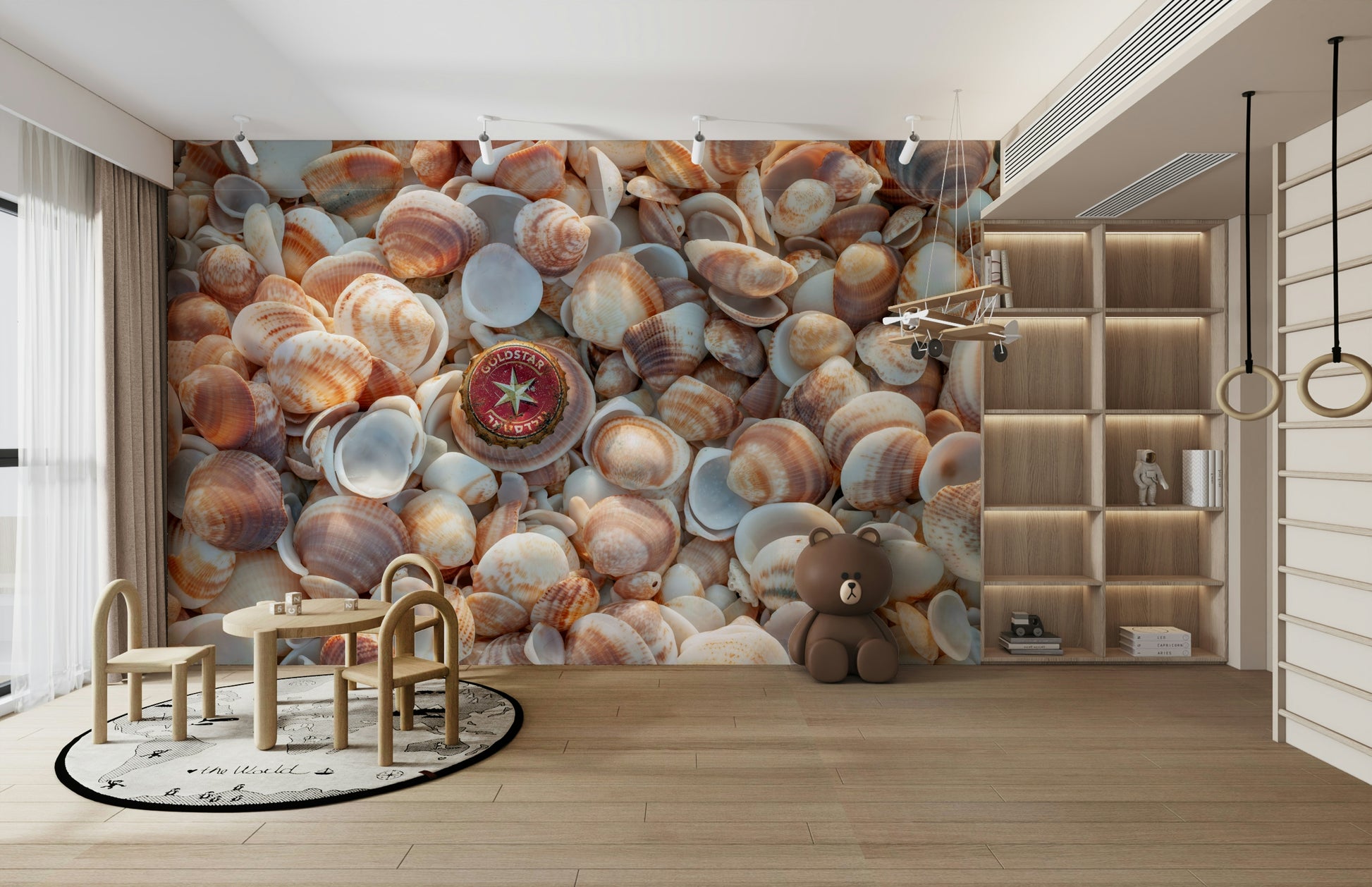 Coastal nature mural wallpaper with seashells and beach stones.

