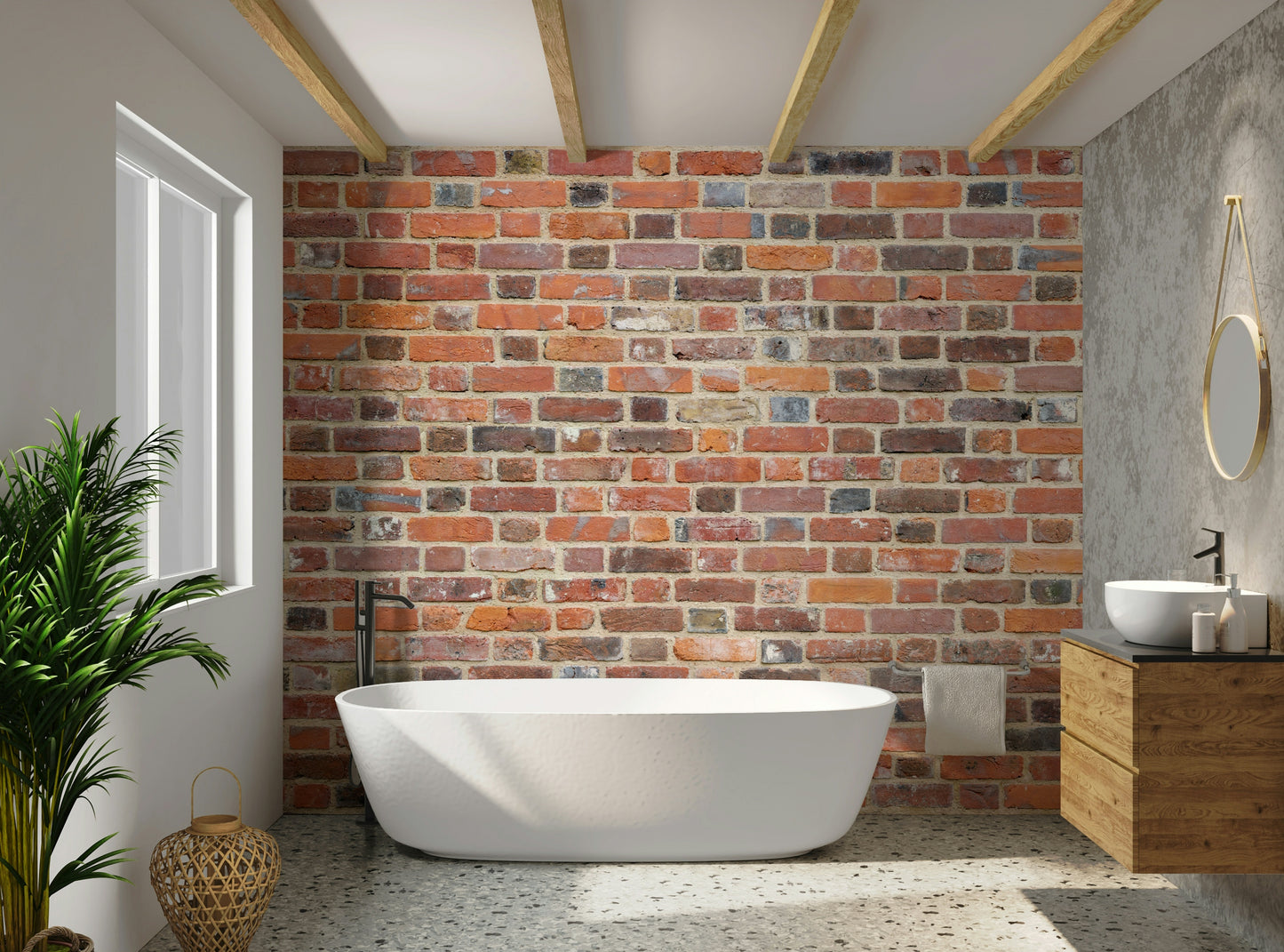 Industrial brick wall mural adding rustic charm to interiors.

