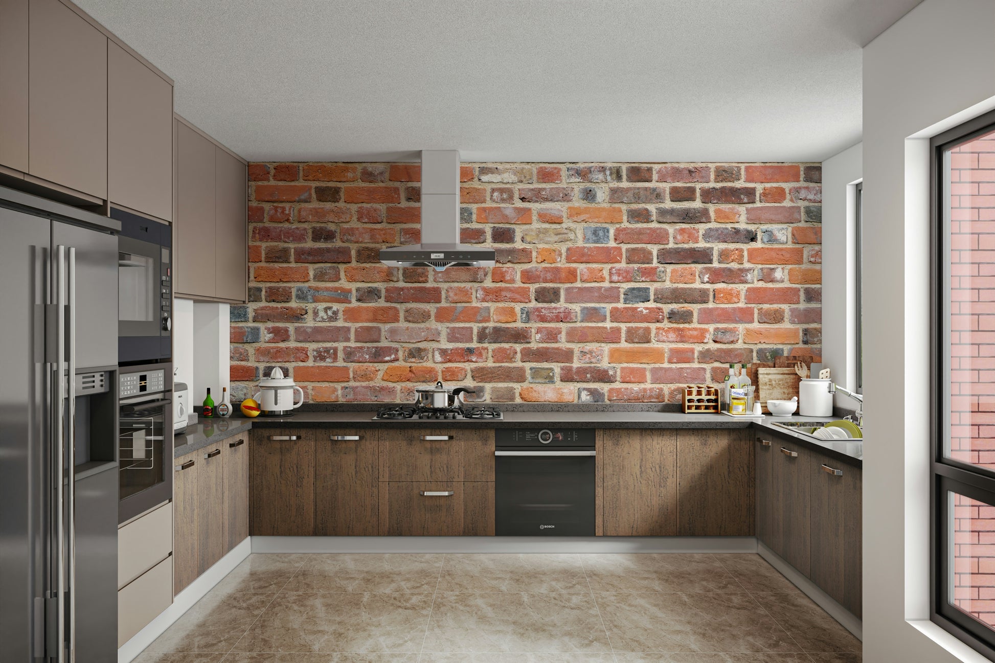 Weathered brick wall mural for creating an industrial atmosphere.

