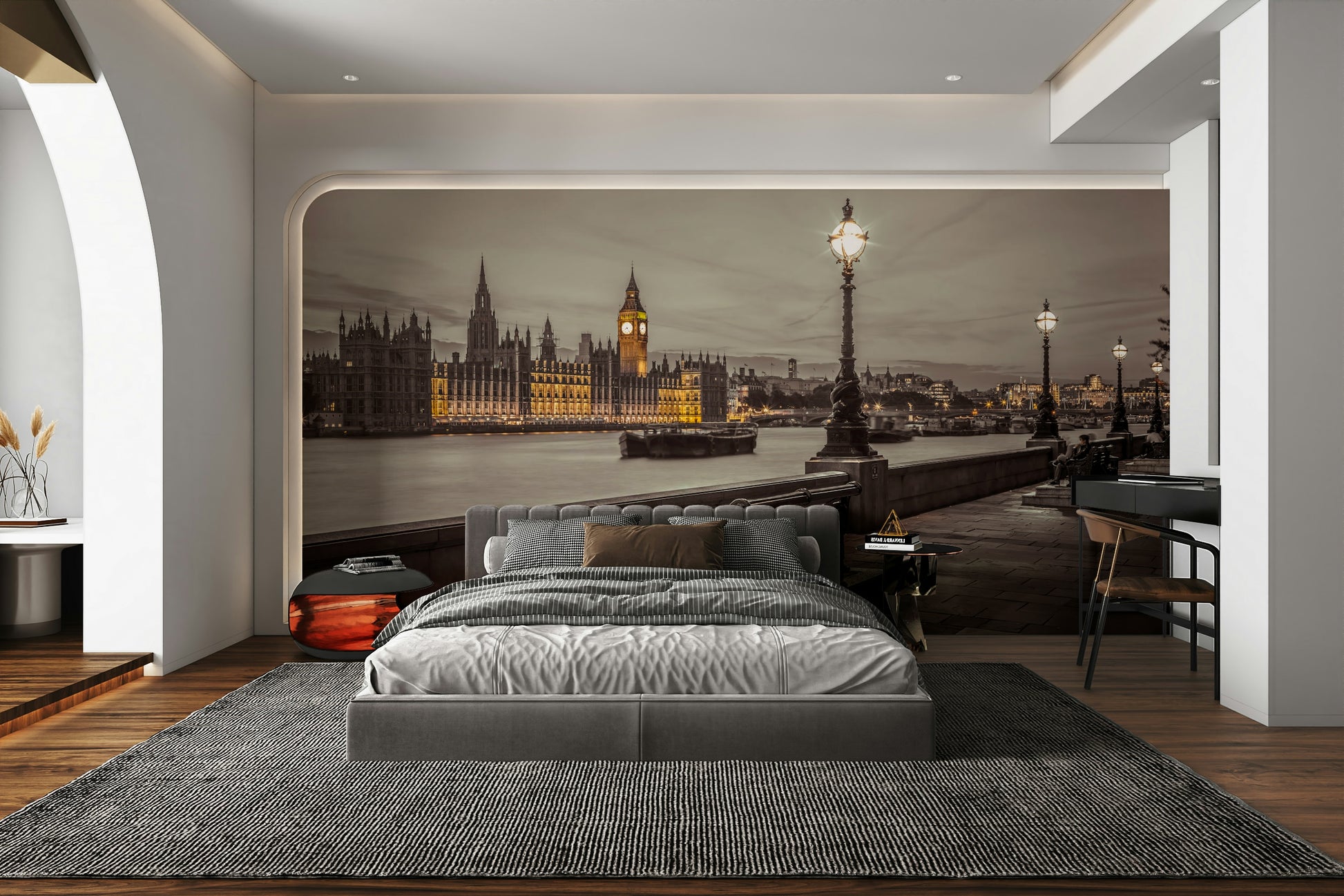 Black and white Embankment Bench mural with Big Ben view.

