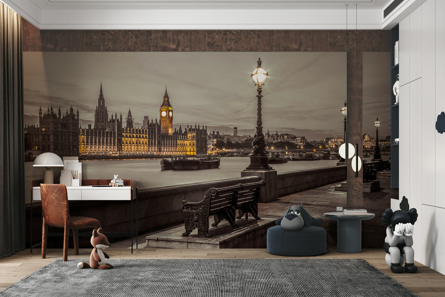 Iconic London Embankment scene mural with Big Ben and river.

