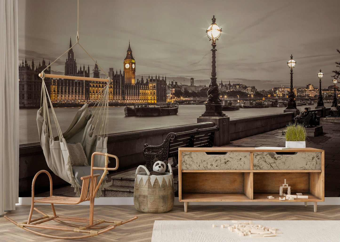Peaceful bench by the Thames captured in Embankment Wall Mural.

