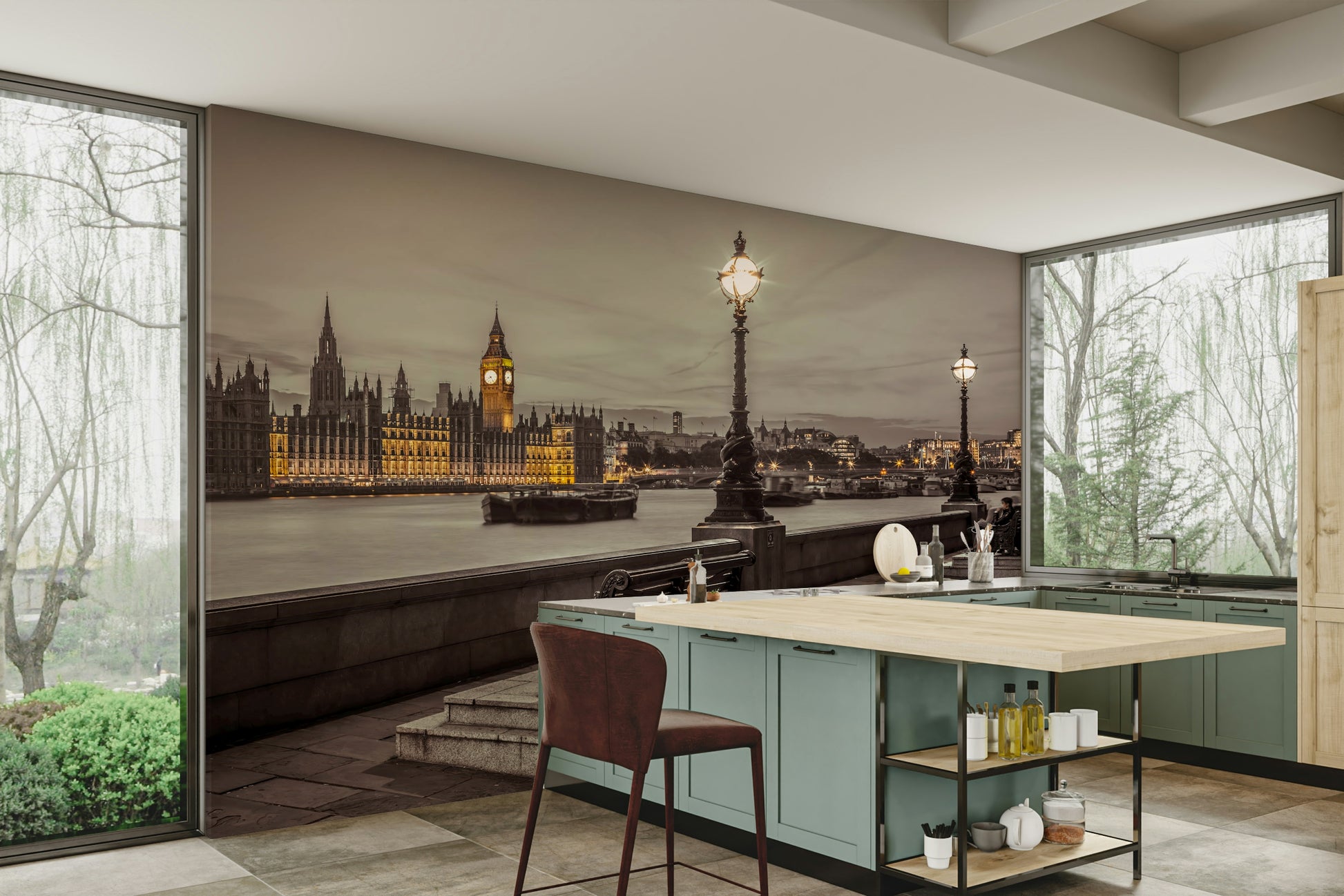 Embankment Bench Wall Mural with the view of Big Ben and the Thames.


