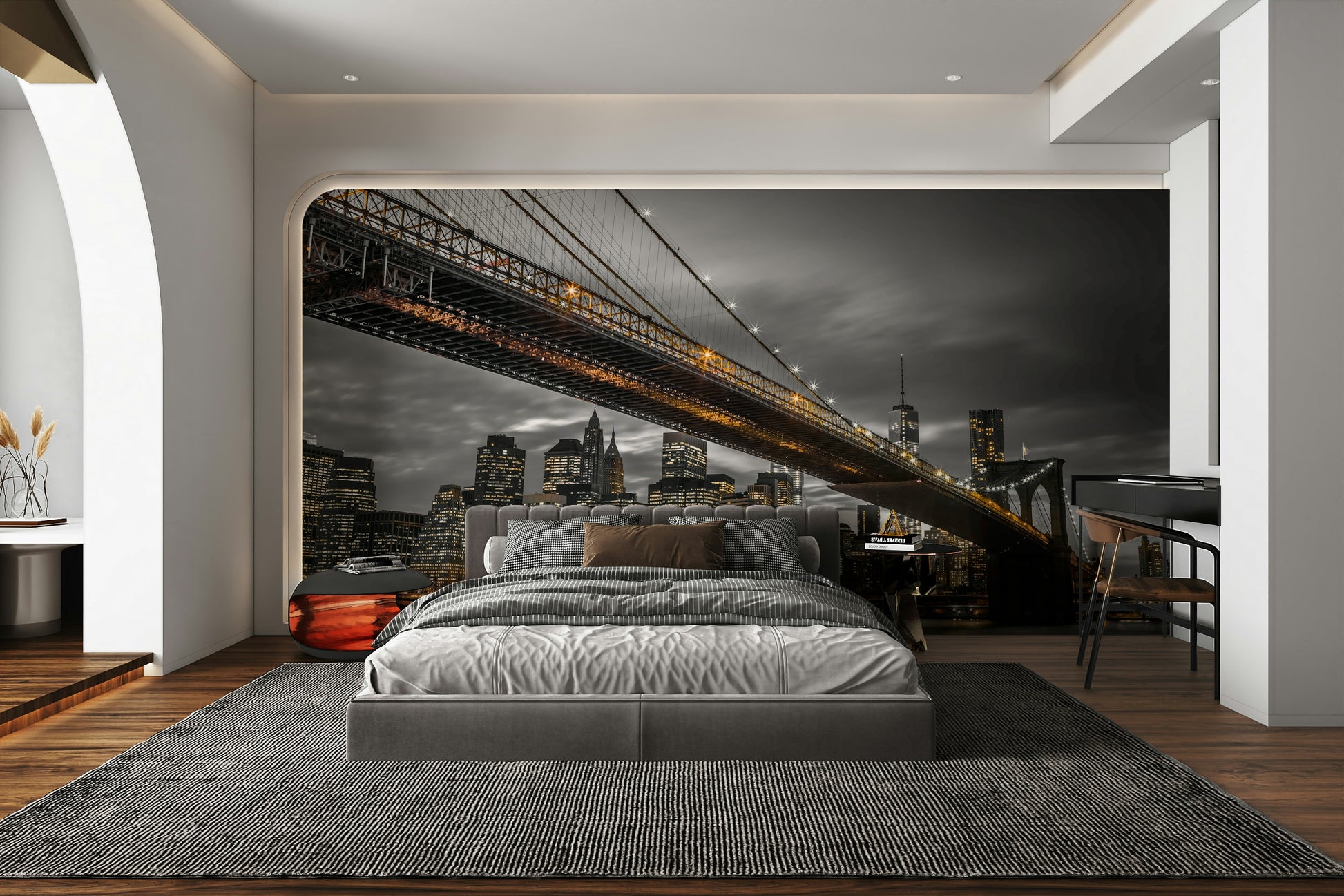 New York night mural with bridge and glowing city

