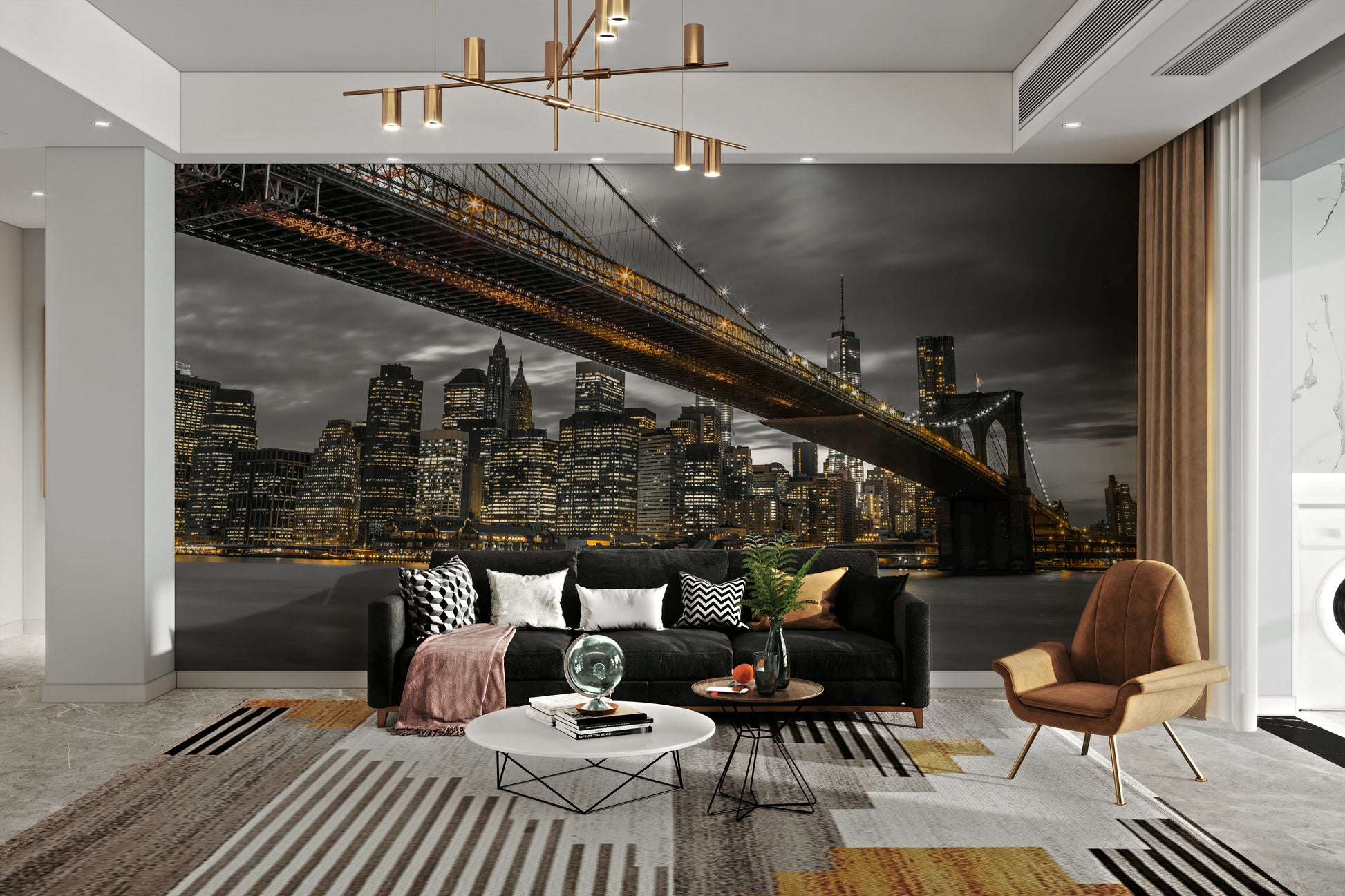 Brooklyn Bridge wall mural with NYC skyline at night

