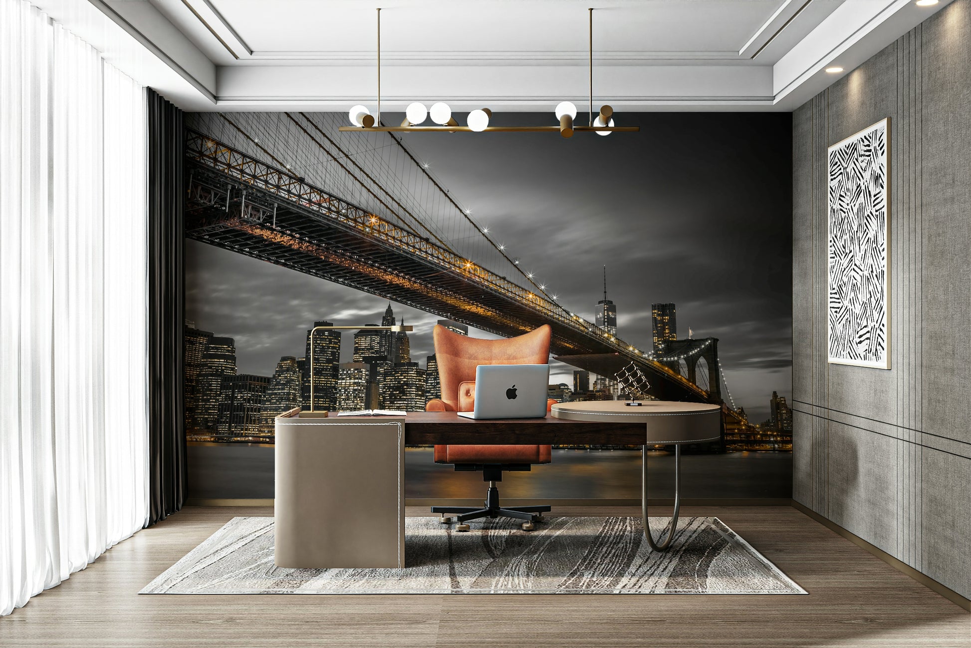 Dramatic bridge mural featuring lit-up New York skyline

