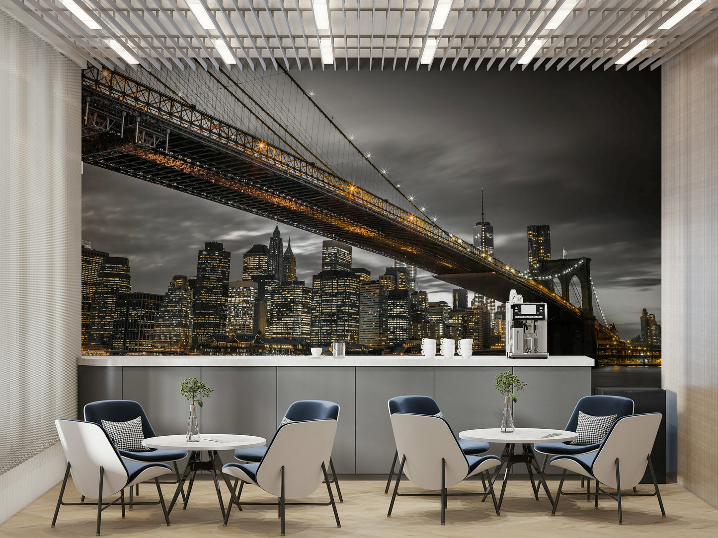 Urban wall mural of bridge and New York skyscrapers

