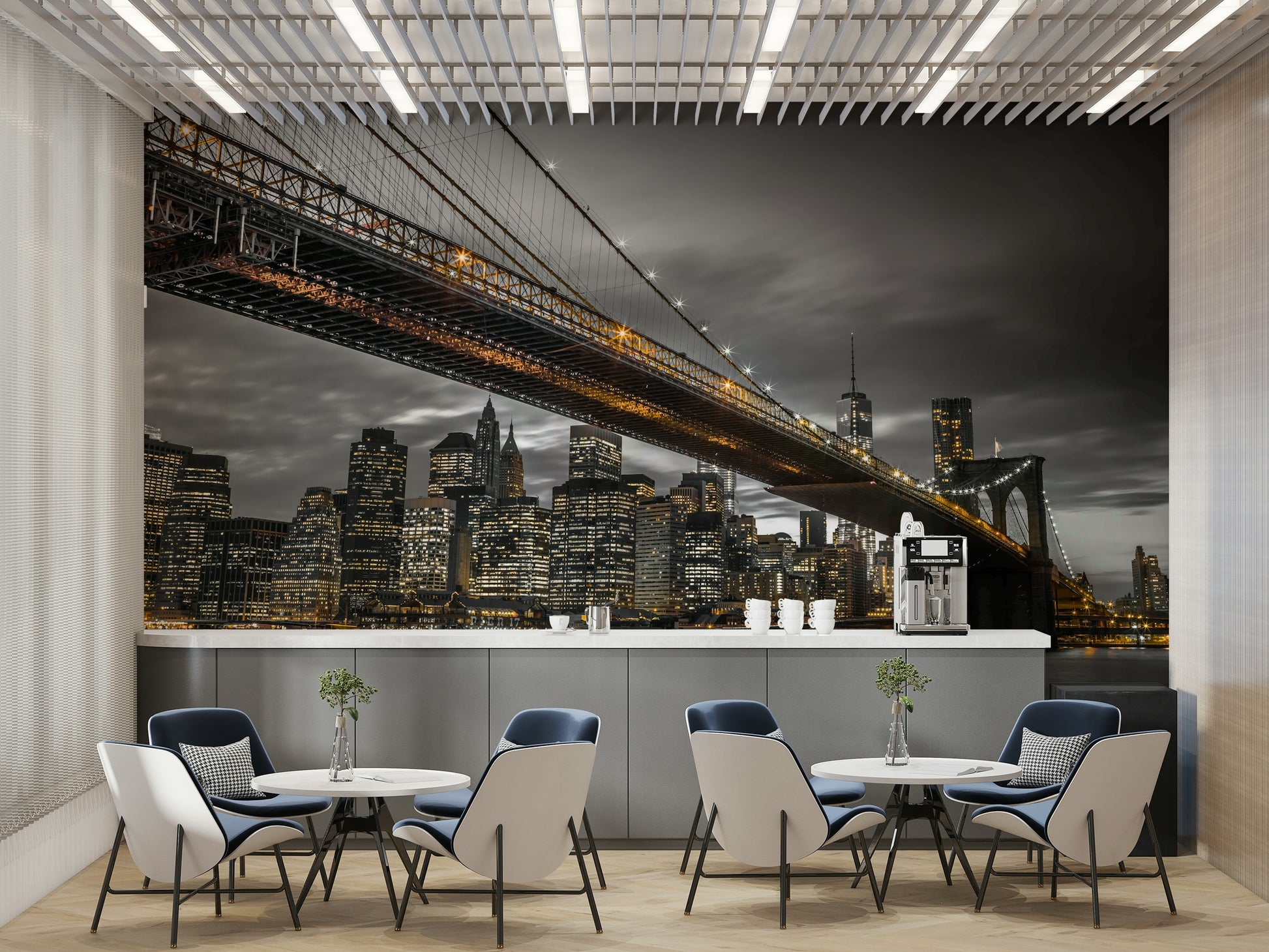 Urban wall mural of bridge and New York skyscrapers

