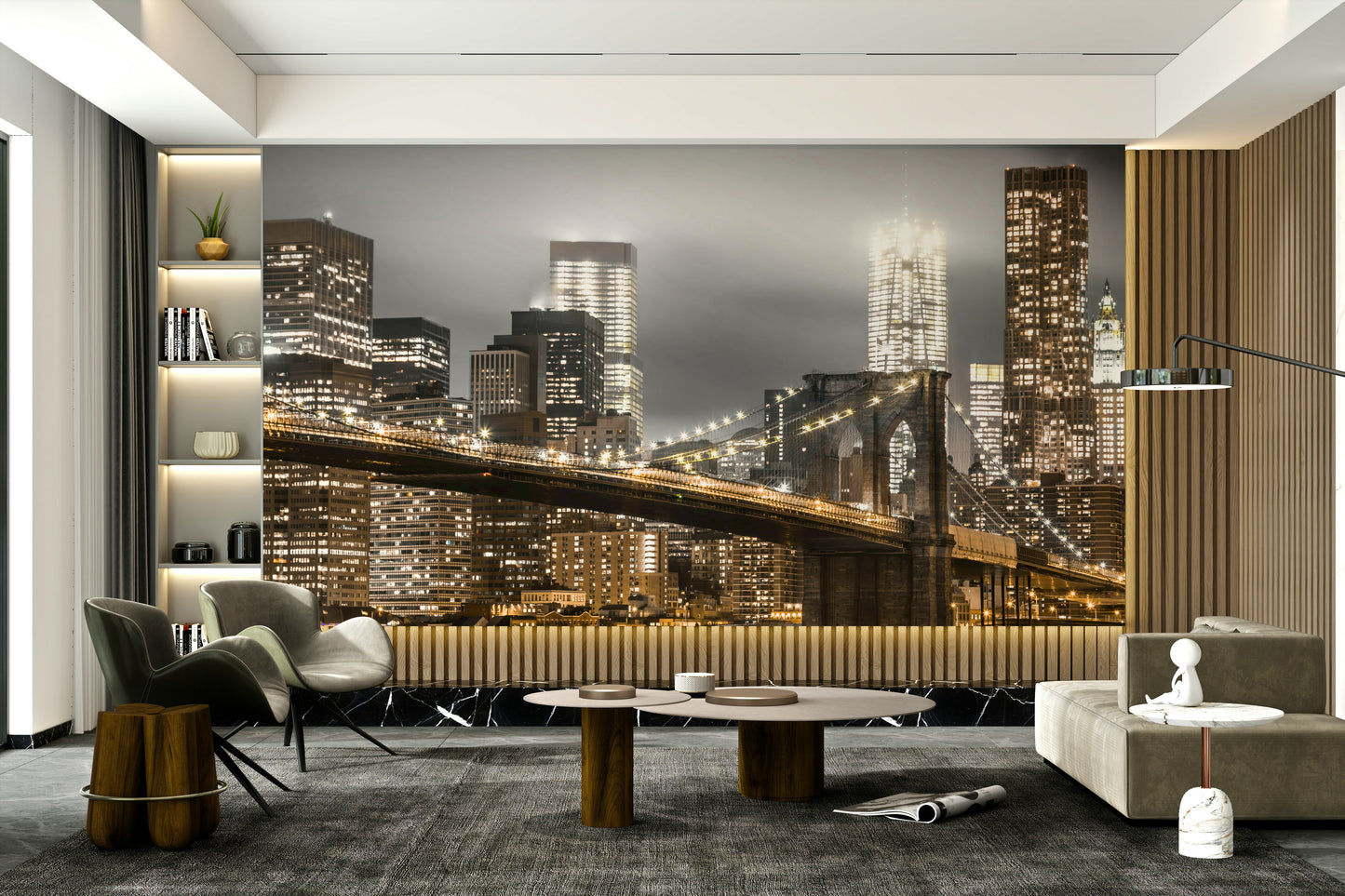 New York skyline at night mural with architectural bridge

