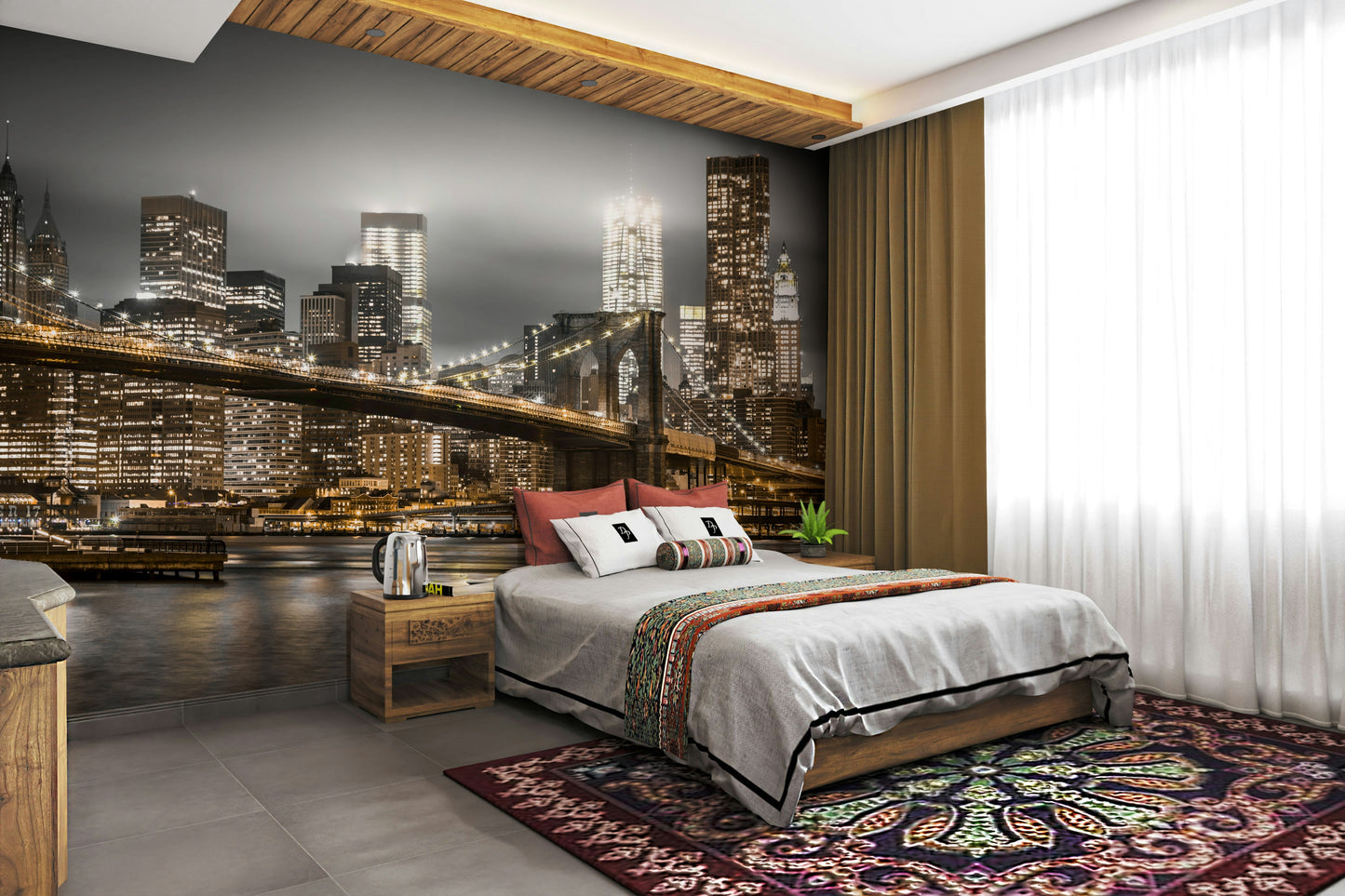 Nocturnal mural of Brooklyn Bridge and Manhattan lights

