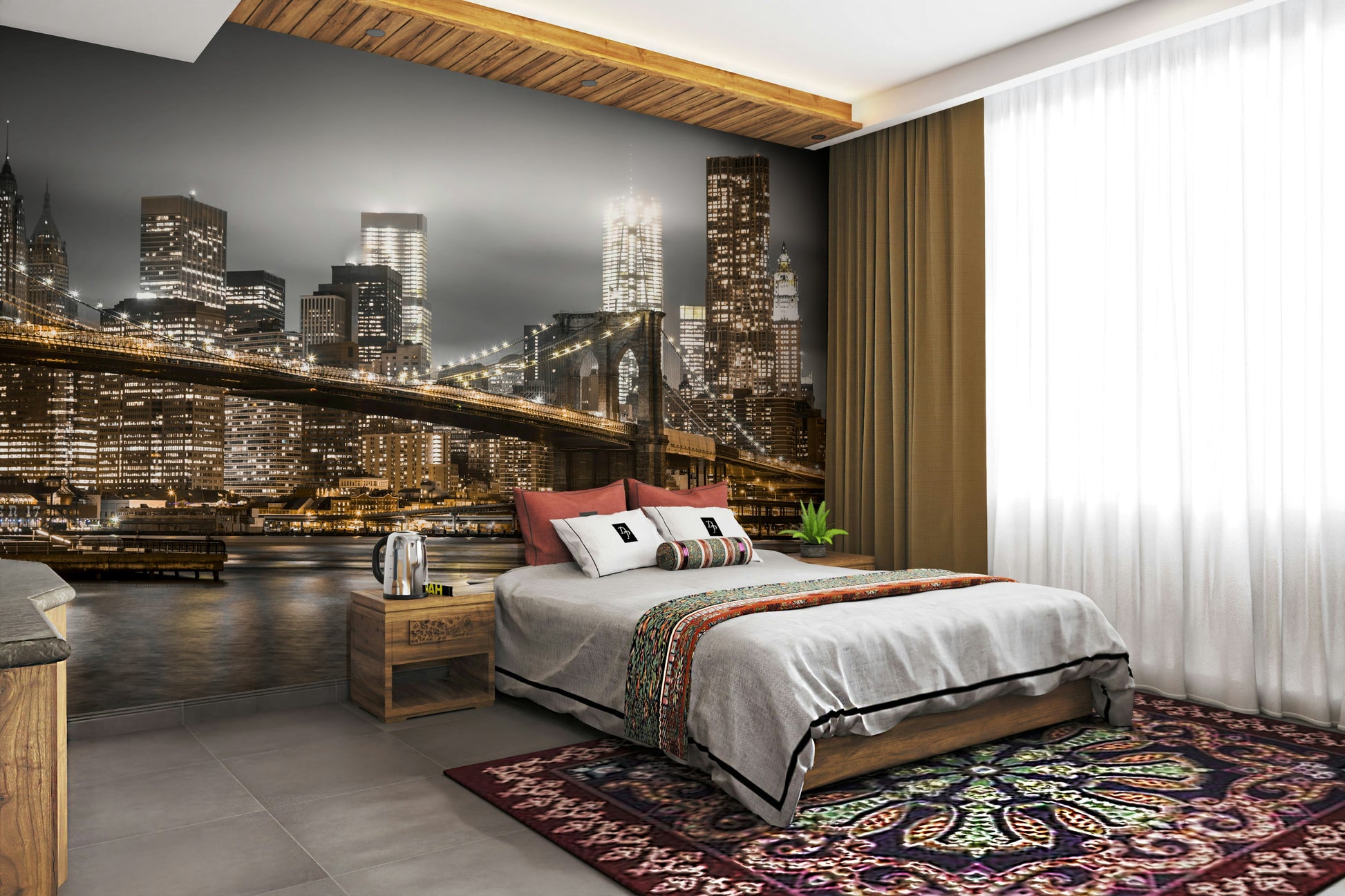 Nocturnal mural of Brooklyn Bridge and Manhattan lights

