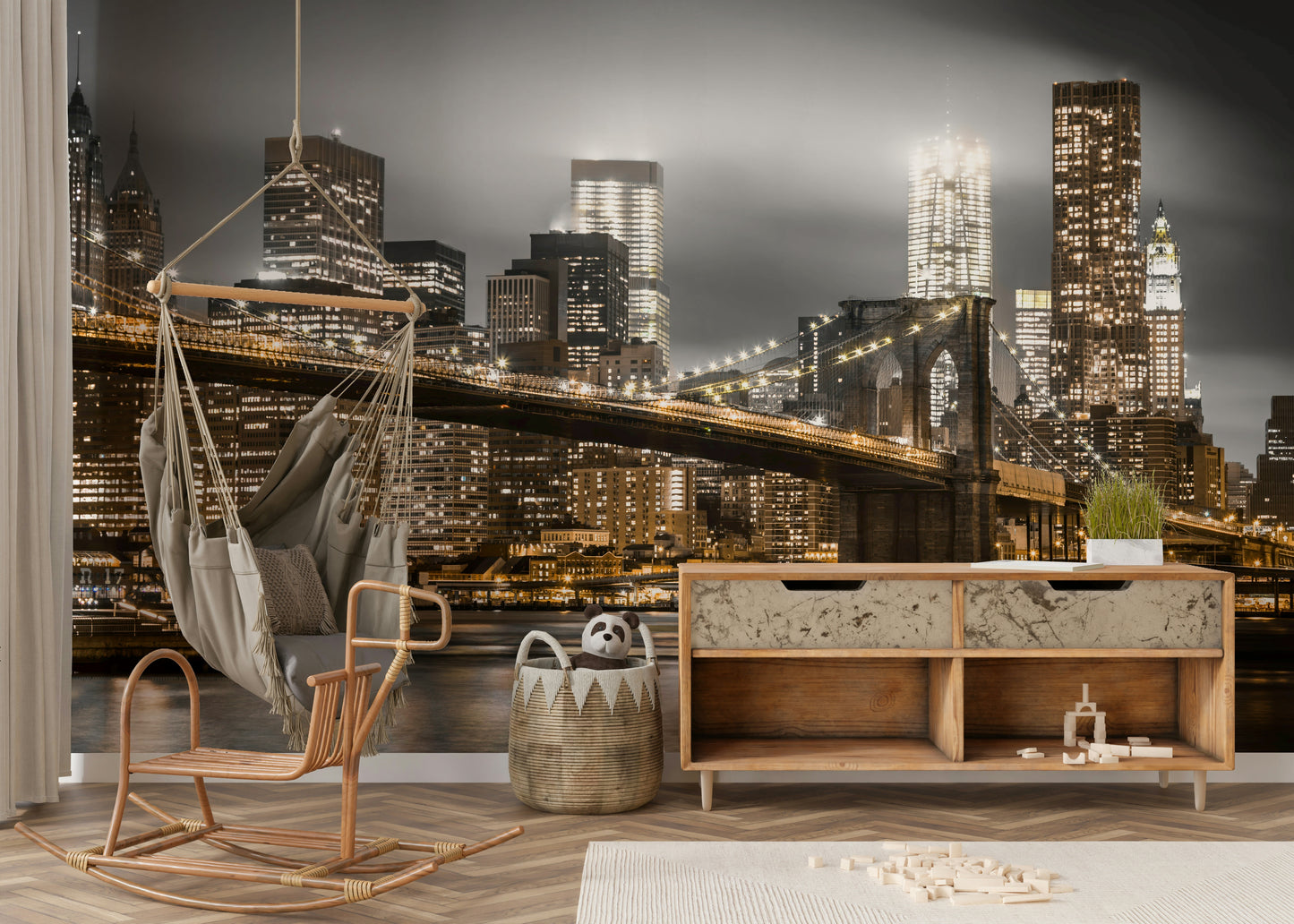 Monochrome night mural with hints of golden city lights

