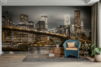 New York bridge wall mural in dark evening tones

