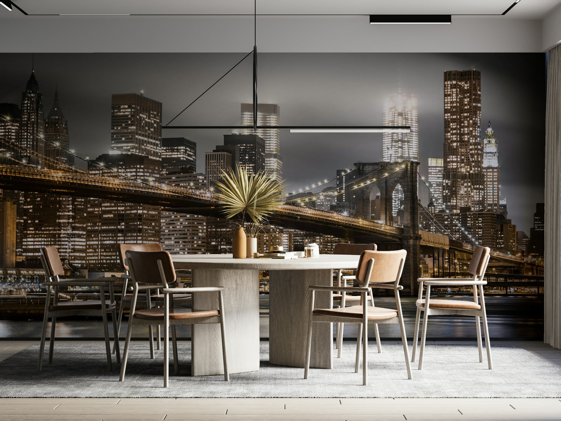 Brooklyn Bridge mural with illuminated skyscrapers

