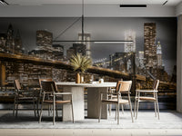 Brooklyn Bridge mural with illuminated skyscrapers

