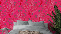 Trumpet flower damask wallpaper in pink and red

