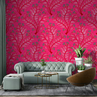 Botanical damask wallpaper with trumpet flower motifs

