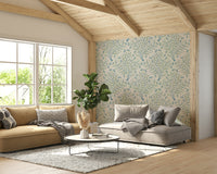 Soft blue and green floral wallpaper with vintage charm

