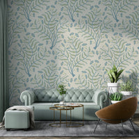 Blue and sage damask floral wallpaper for cozy interiors

