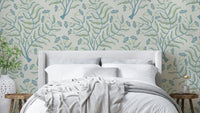 Cottagecore wallpaper in blue, sage green, and gray

