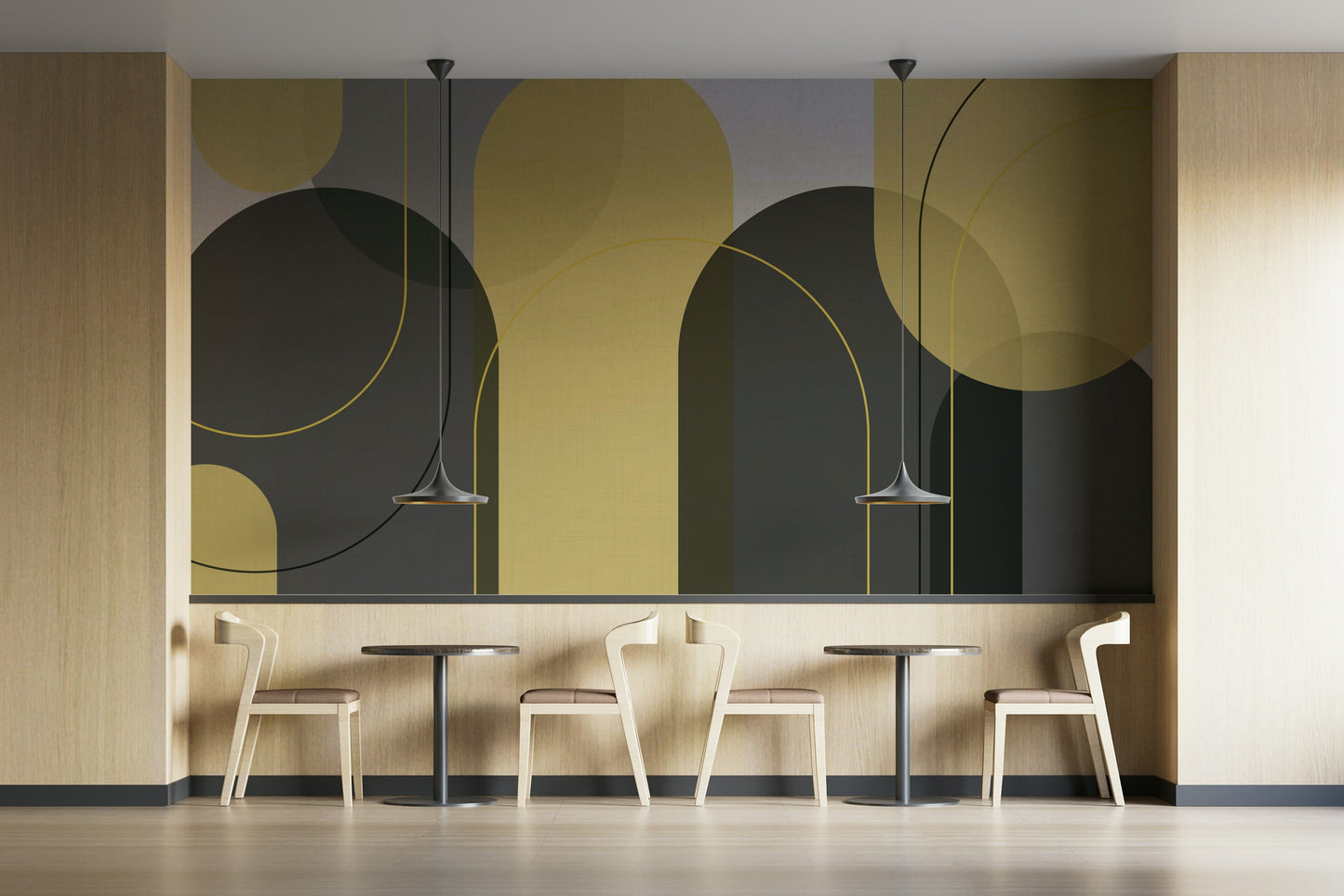 Stylish curved shape wall mural in grey and yellow

