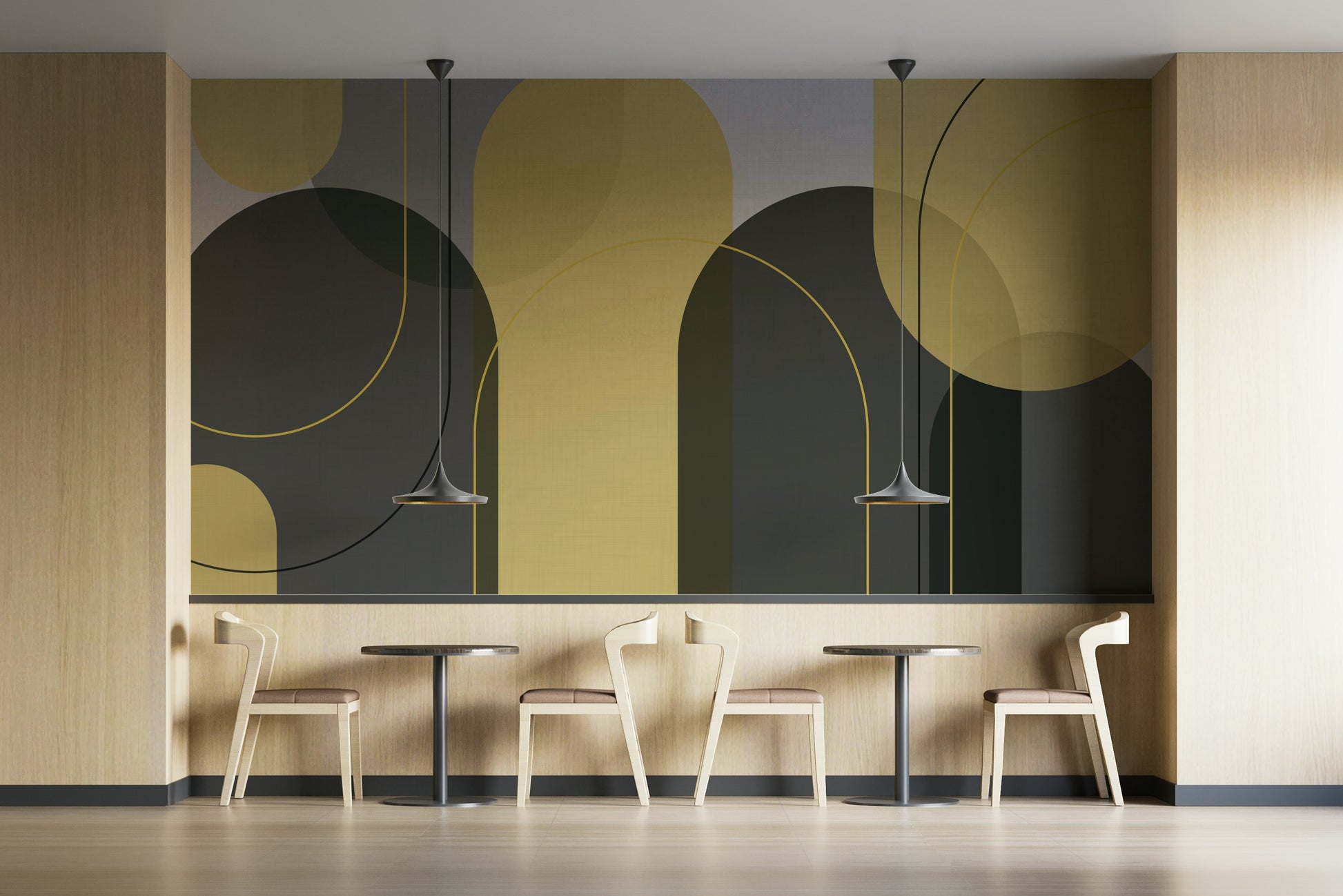 Stylish curved shape wall mural in grey and yellow

