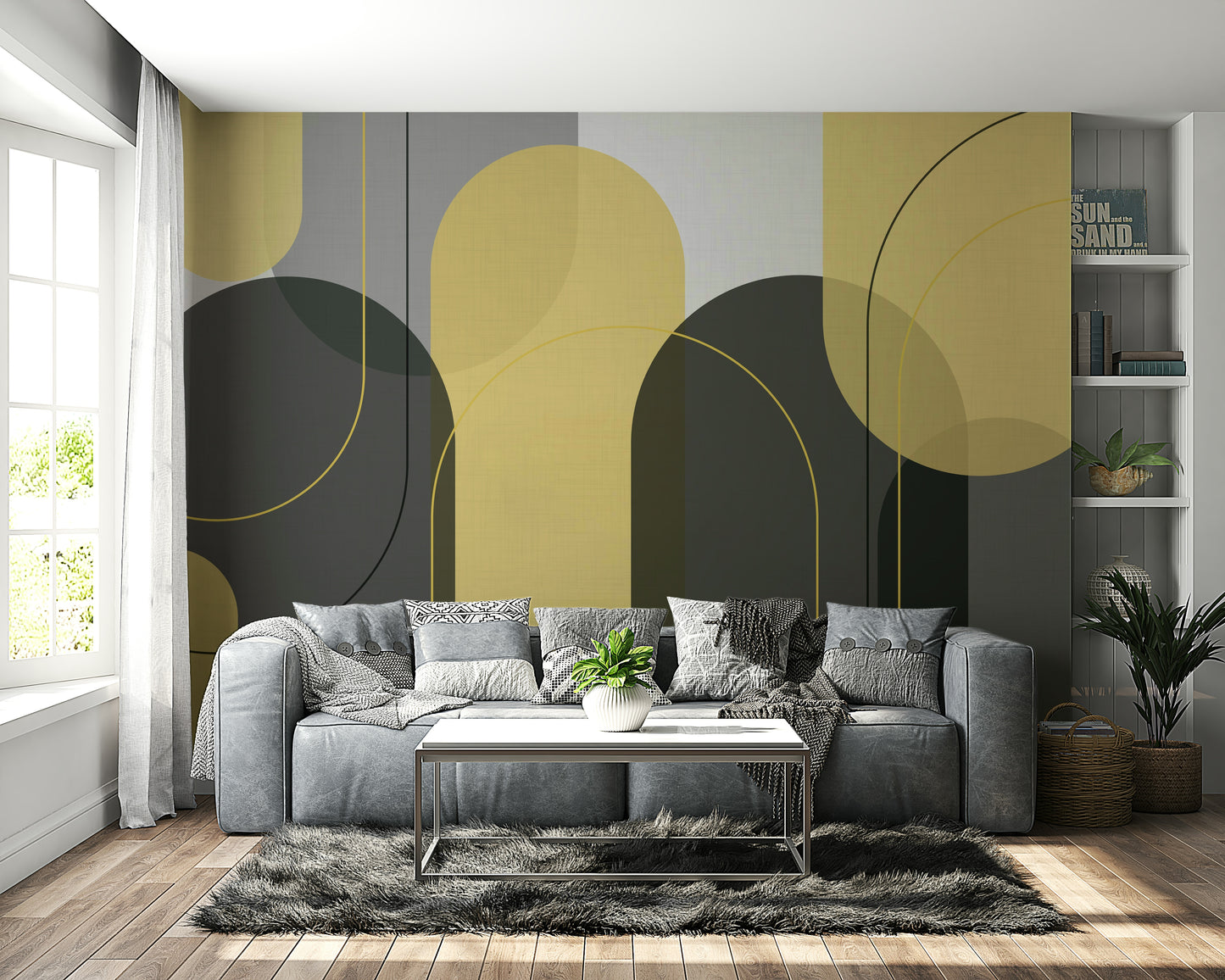 Warm yellow and cool grey arches mural for interiors

