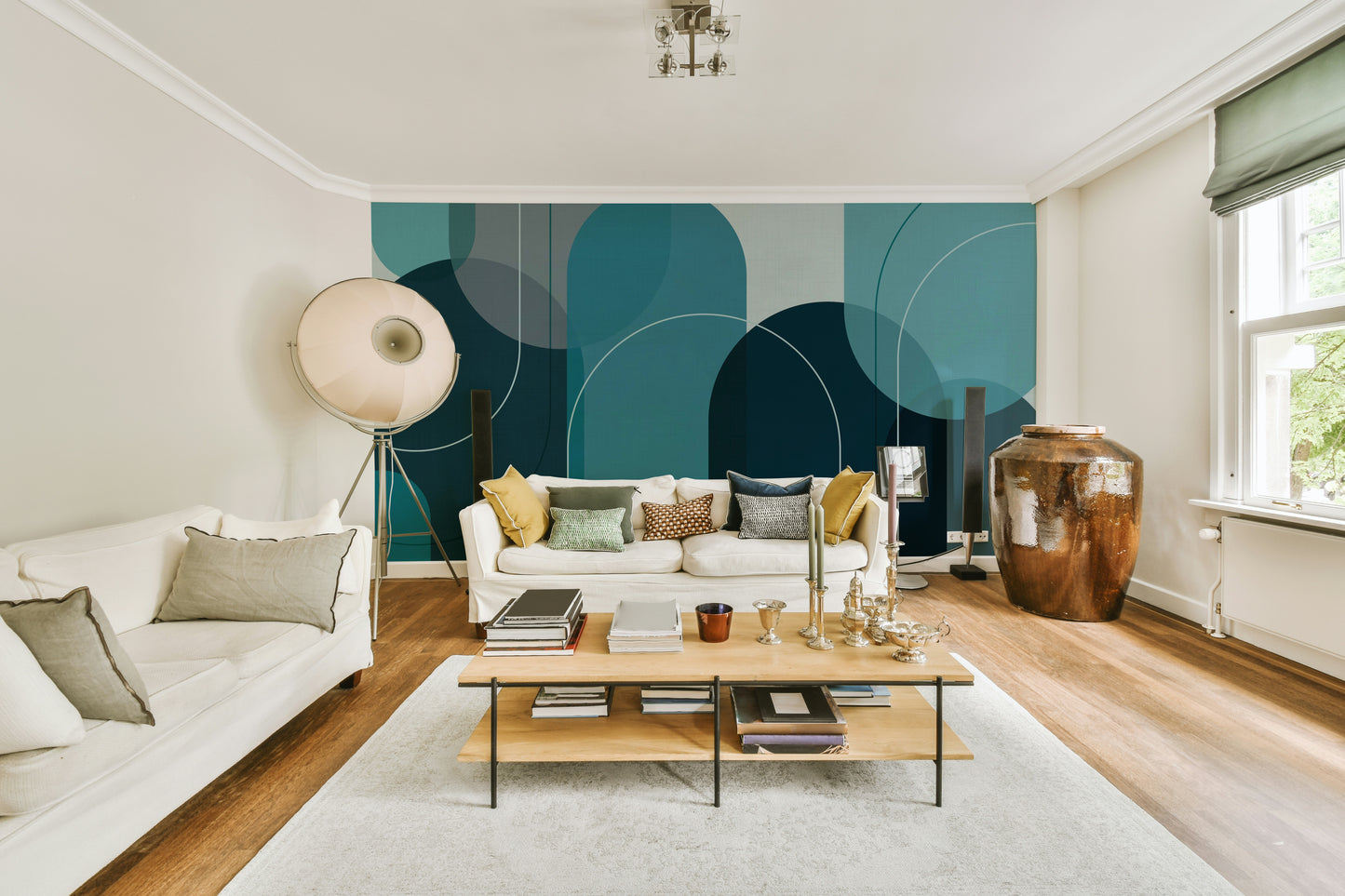 Geometric wall mural with soft turquoise arches

