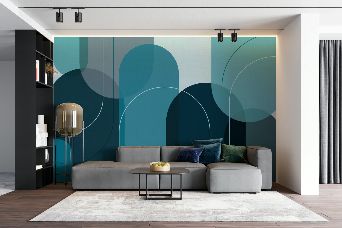 Abstract arch mural with layered turquoise hues

