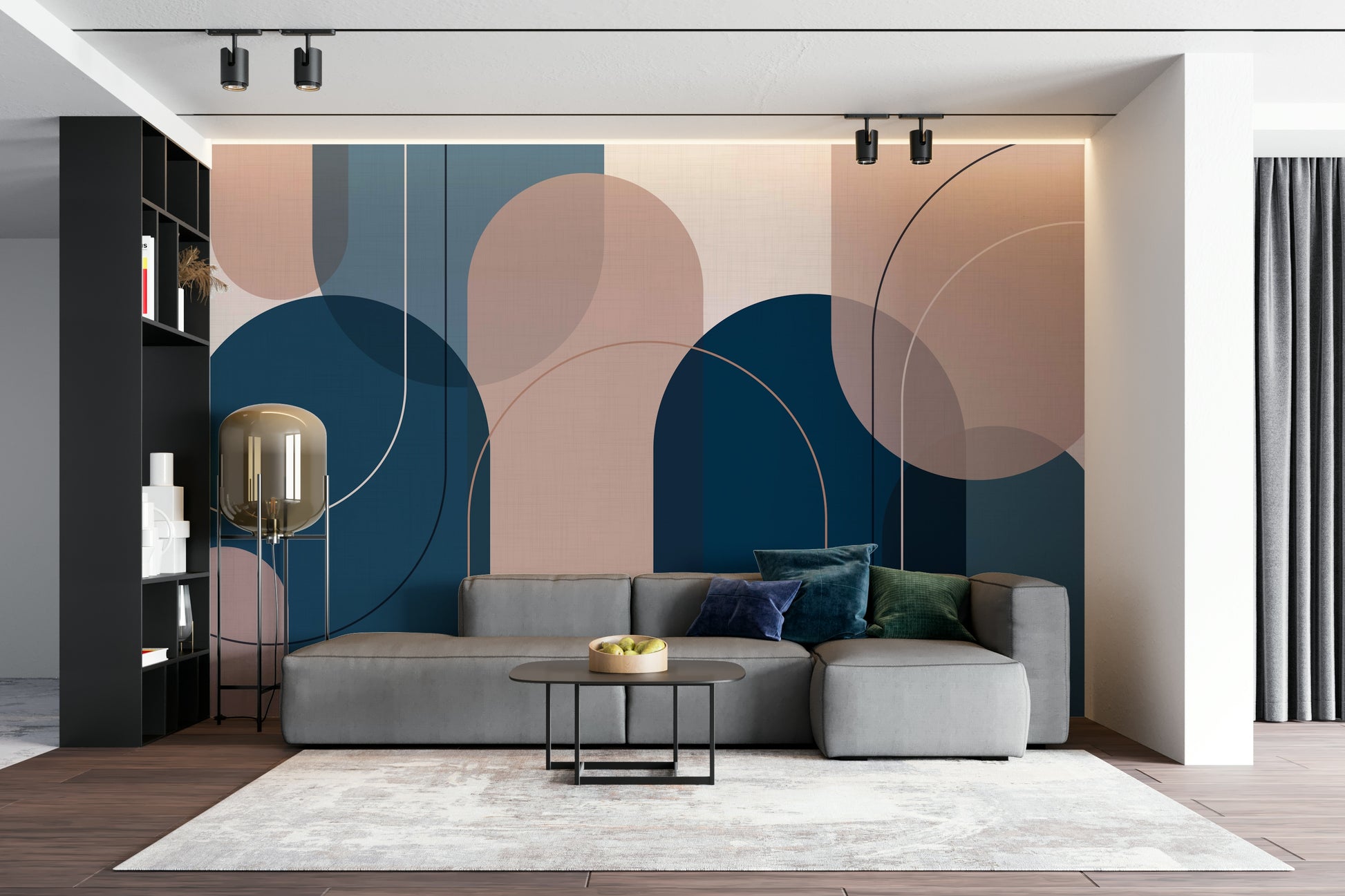 Minimalist wall mural with pink and blue segments

