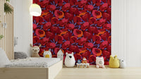 Large-scale poppy wallpaper in crimson and coral tones

