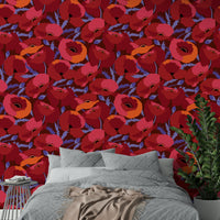 Poppy field-inspired mural in rich crimson shades

