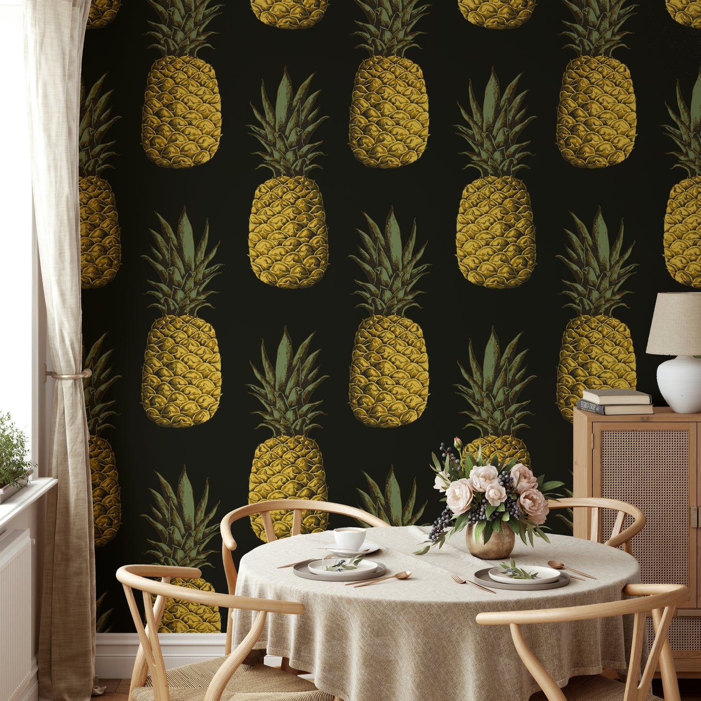 Bright golden pineapple print wallpaper for walls

