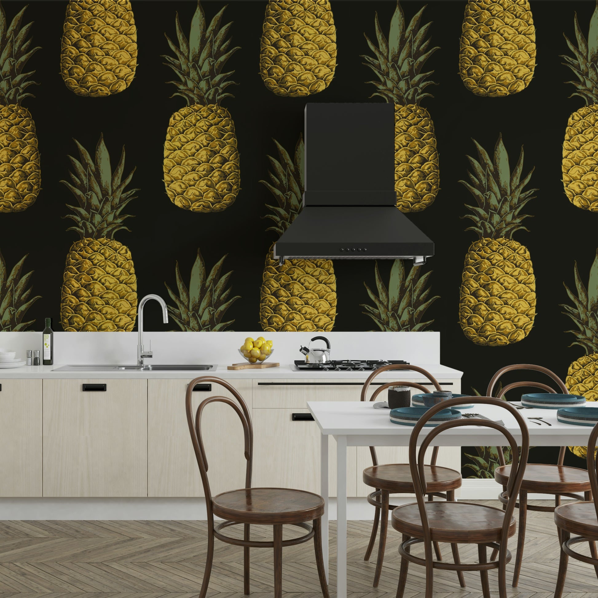 Tropical wall covering featuring golden pineapples

