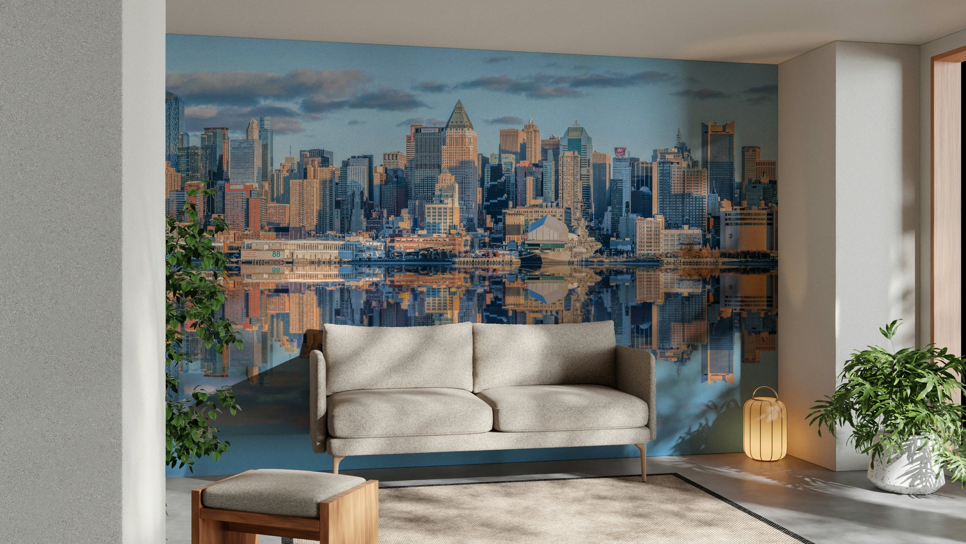 Reflected Manhattan skyline mural with river view

